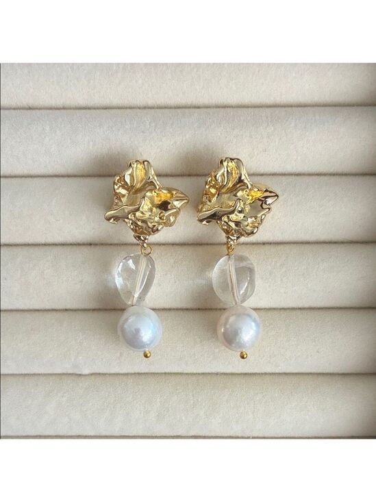 Handmade Jewelry - Sculptural Gold Pearl Crystal Statement Earrings